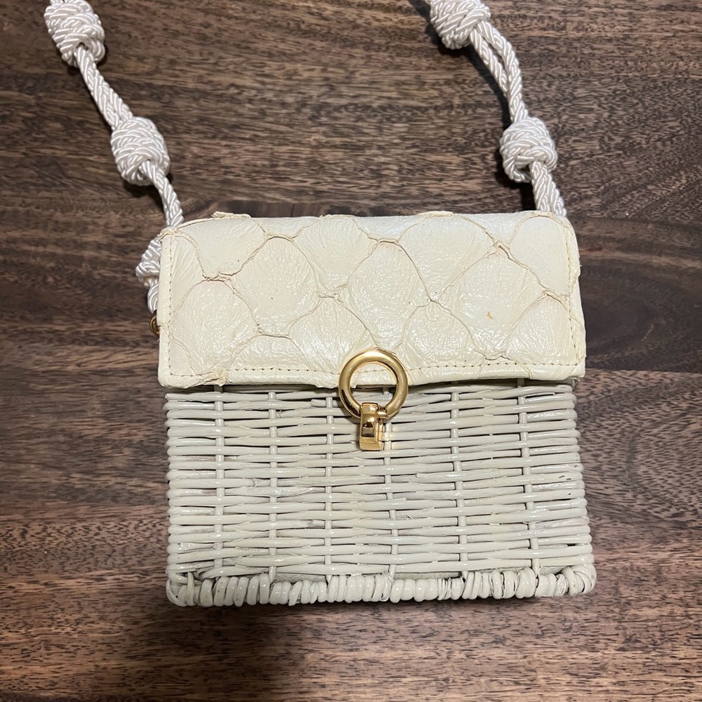 Pirarucu Fish Leather & Woven Rattan Mini Crossbody Bag – Cream, Gold Hardware
